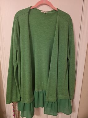 Umgee Green Open Cardigan with Chiffon Ruffle Hem
